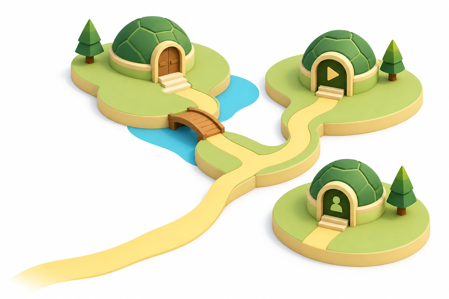Three simple turtle-shell cottages on green islands, connected by a golden path and a small bridge